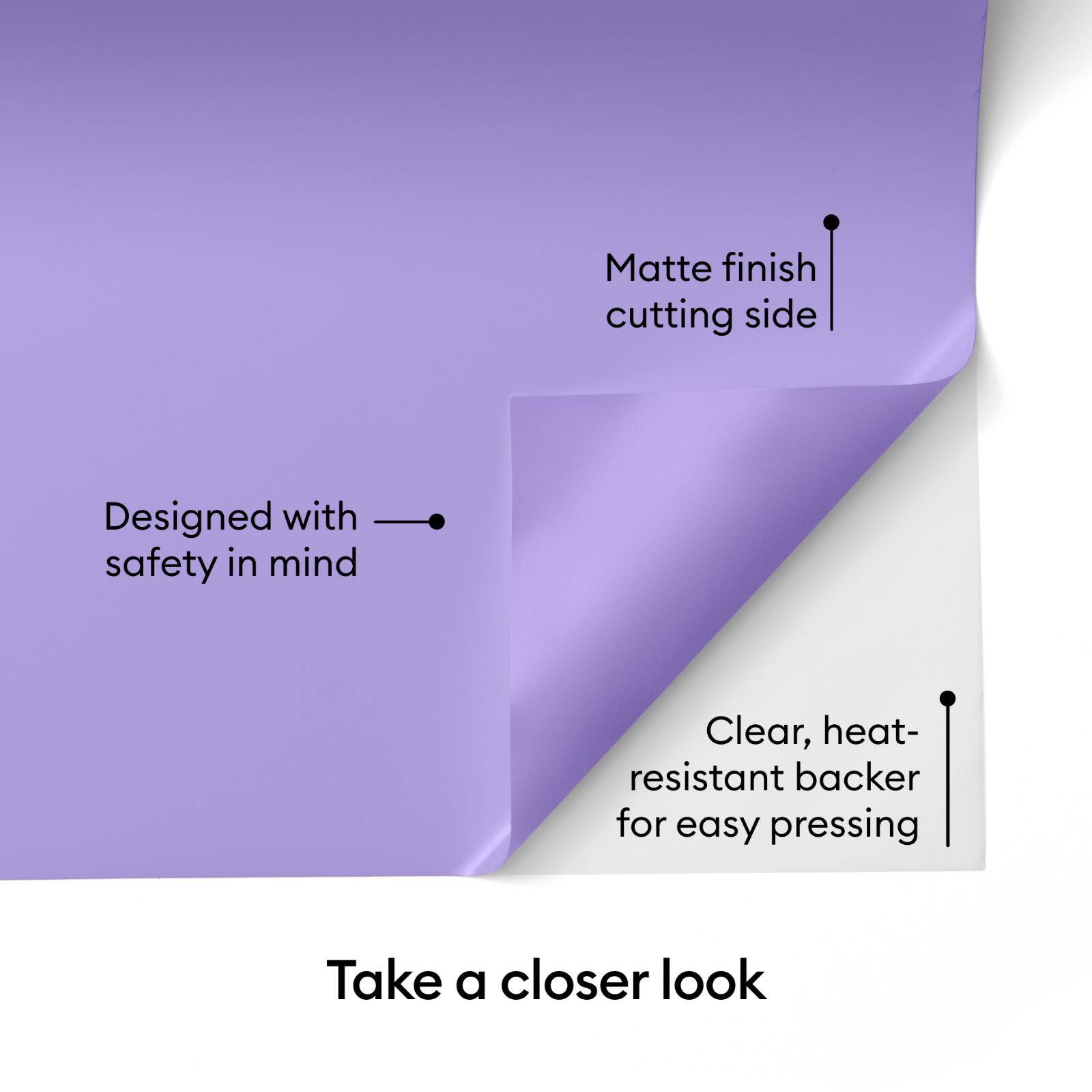 - Matte finish cutting side
- Designed with safety in mind
- Clear, heat-resistant backer for easy pressing

Take a closer look