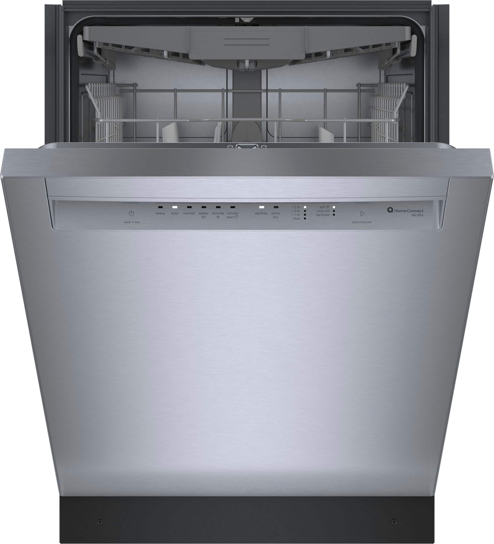 The image shows a stainless steel dishwasher with a silver door and a silver handle. The dishwasher has a silver interior and a silver rack. The door is open, revealing the interior of the dishwasher. The dishwasher is made by the company Ploma Connect.