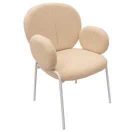 LeisureMod - Celestial Modern Boucle Dining Chair with Arms, Textured Fabric Upholstered Armchair - White Metal Frame Kitchen Chair - Beige