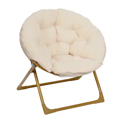 Front. Emma + Oliver - Io Kid's Folding Saucer Chair with Cozy Faux Fur Upholstery and Metal Frame for Playroom, Bedrooms, Nursery and More - Ivory Faux Fur/Soft Gold Frame.