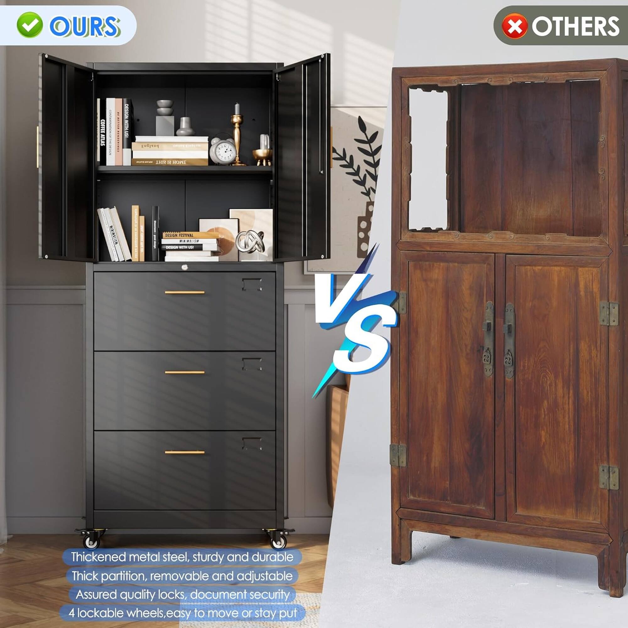 OURS vs OTHERS

Thickened metal steel, sturdy and durable
Thick partition, removable and adjustable
Assured quality locks, document security
4 lockable wheels, easy to move or stay put
