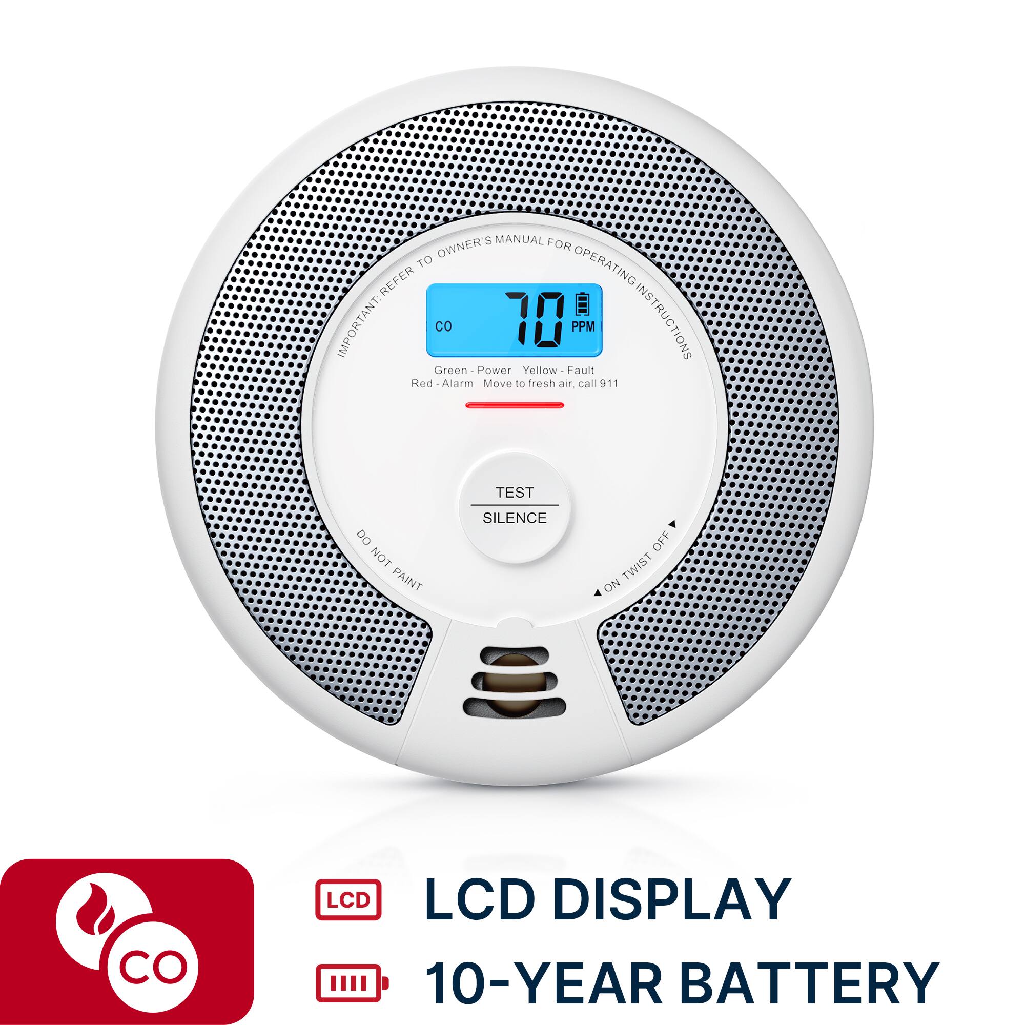 5 MANUAL FOR OWNER TO OPERATING REFER IMPORTANT CO 1 PPM INSTRUCTIONS

Green - Power
Yellow - Fault
Red - Alarm

Move to fresh air. call 911

TEST
DO NOT PAINT
SILENCE
OFF
TWIST ON

LCD DISPLAY
10-YEAR BATTERY