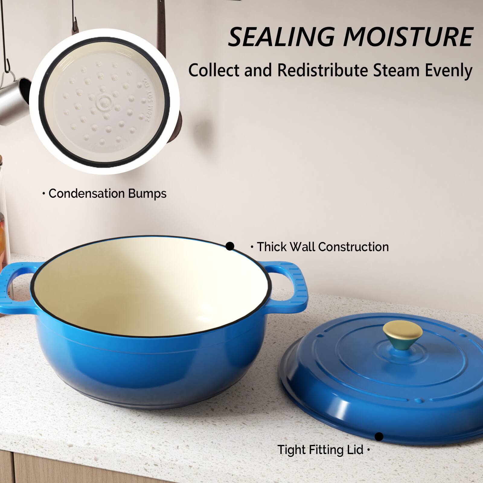 SEALING MOISTURE  
Collect and Redistribute Steam Evenly  

- Condensation Bumps  
- Thick Wall Construction  
- Tight Fitting Lid