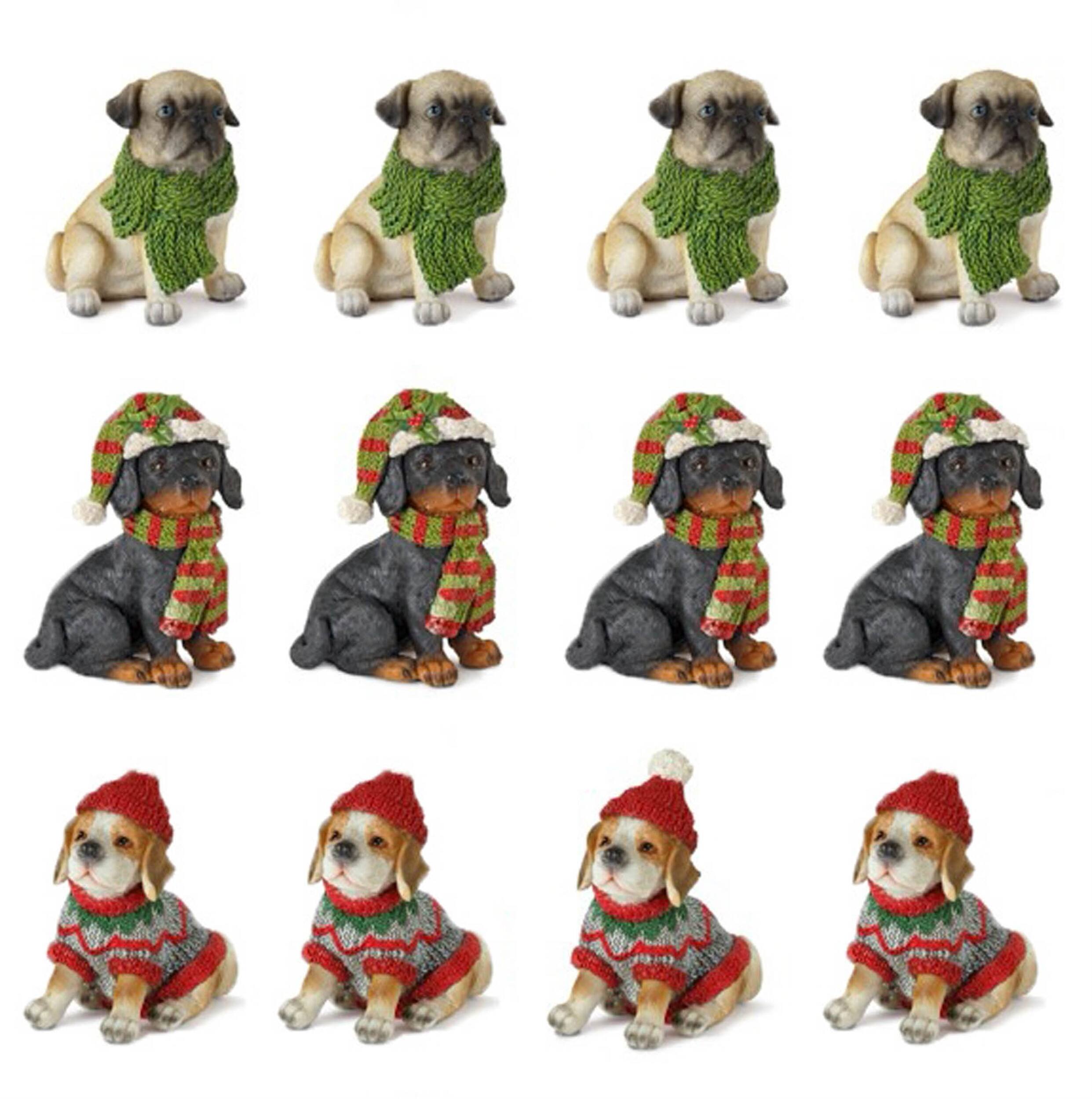 Angle. BreeBe - Winter Dog Figurine with Hat and Scarf Accent (Set of 12) - Green, Red, Grey.