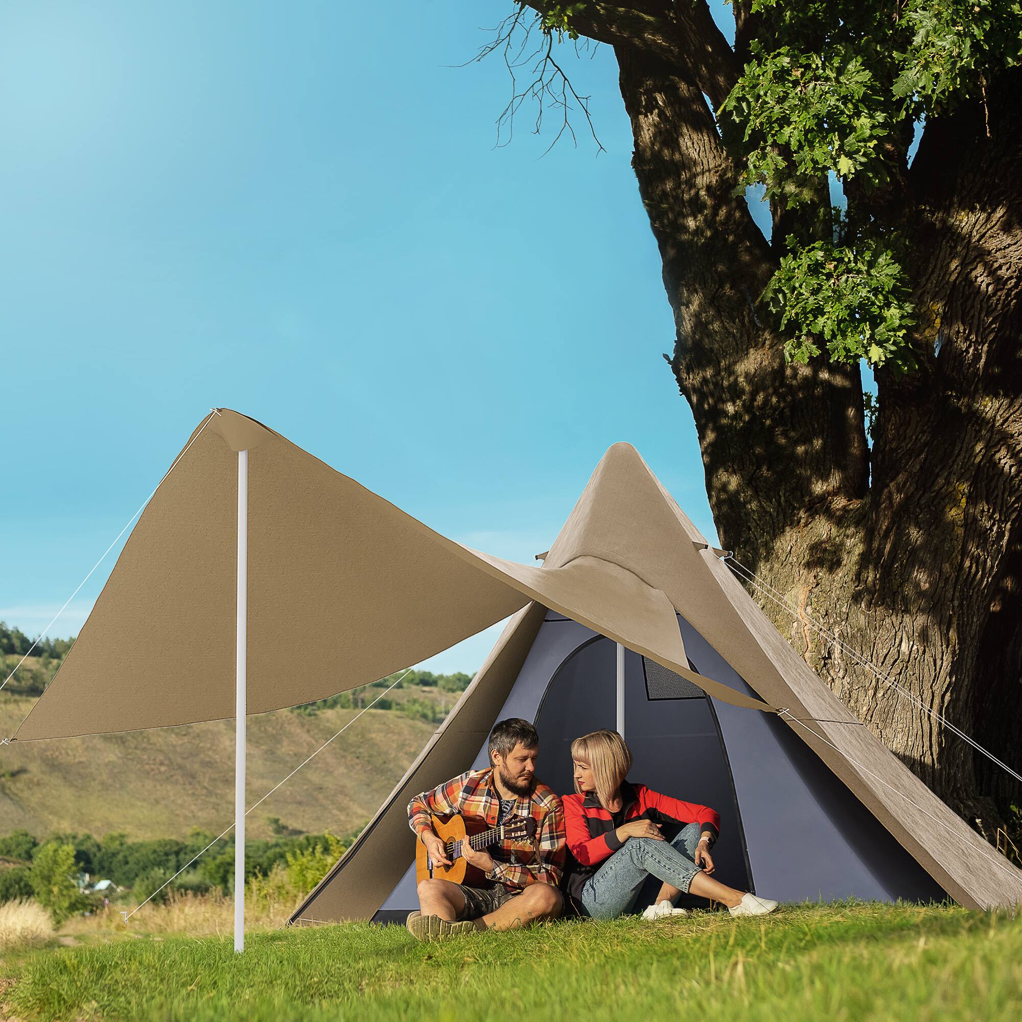Alt View 1. Outsunny - 15.4' x 15.4' x 8.5' Teepee Tent, Waterproof Camping Tent for 2-3 Person, Floor and Carry Bag with Porch Area - Coffee.