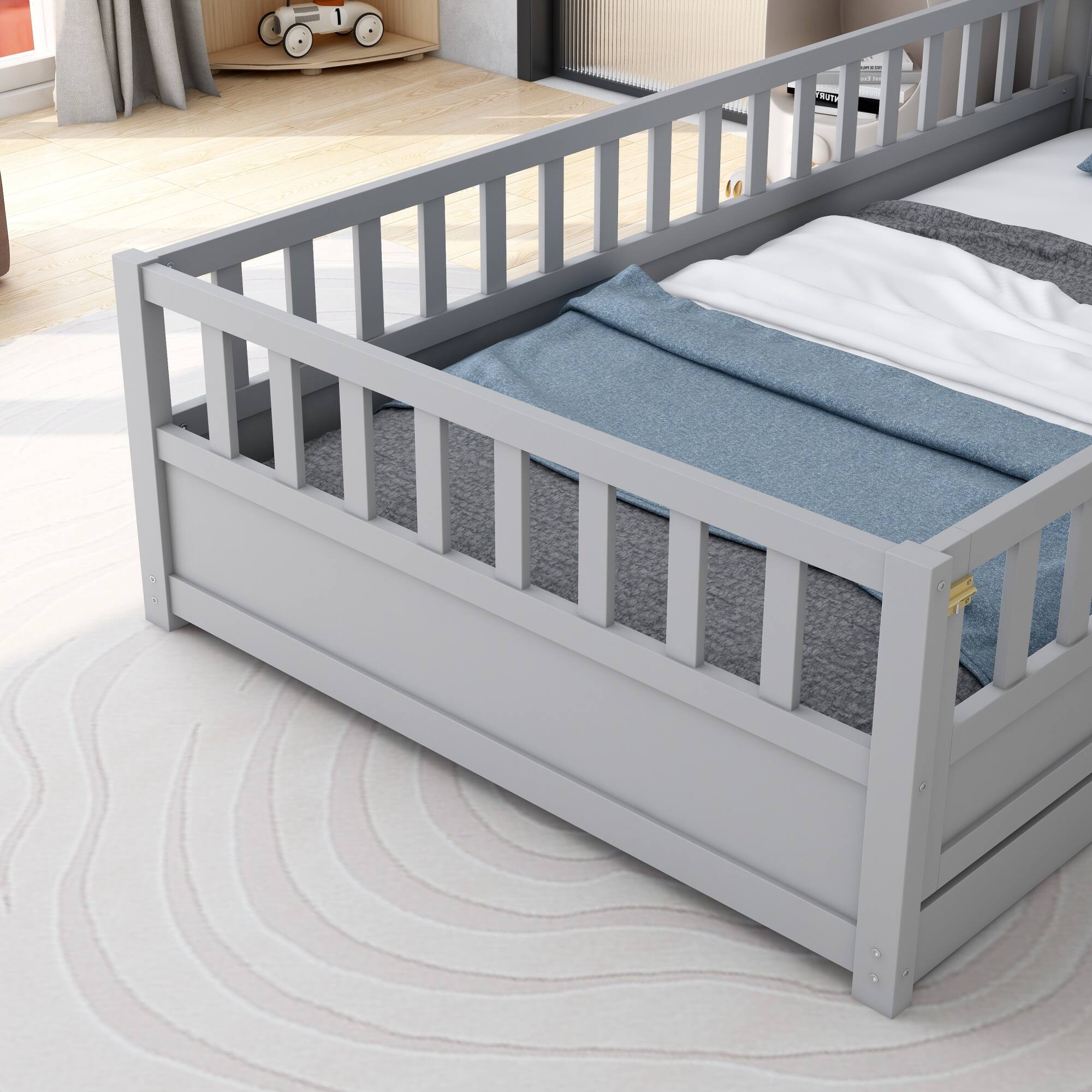Alt View 6. GOODSILO - Twin Size Floor Bed with Safety Barrier and Door for Children, Montessori Inspired Wooden Frame - Grey.