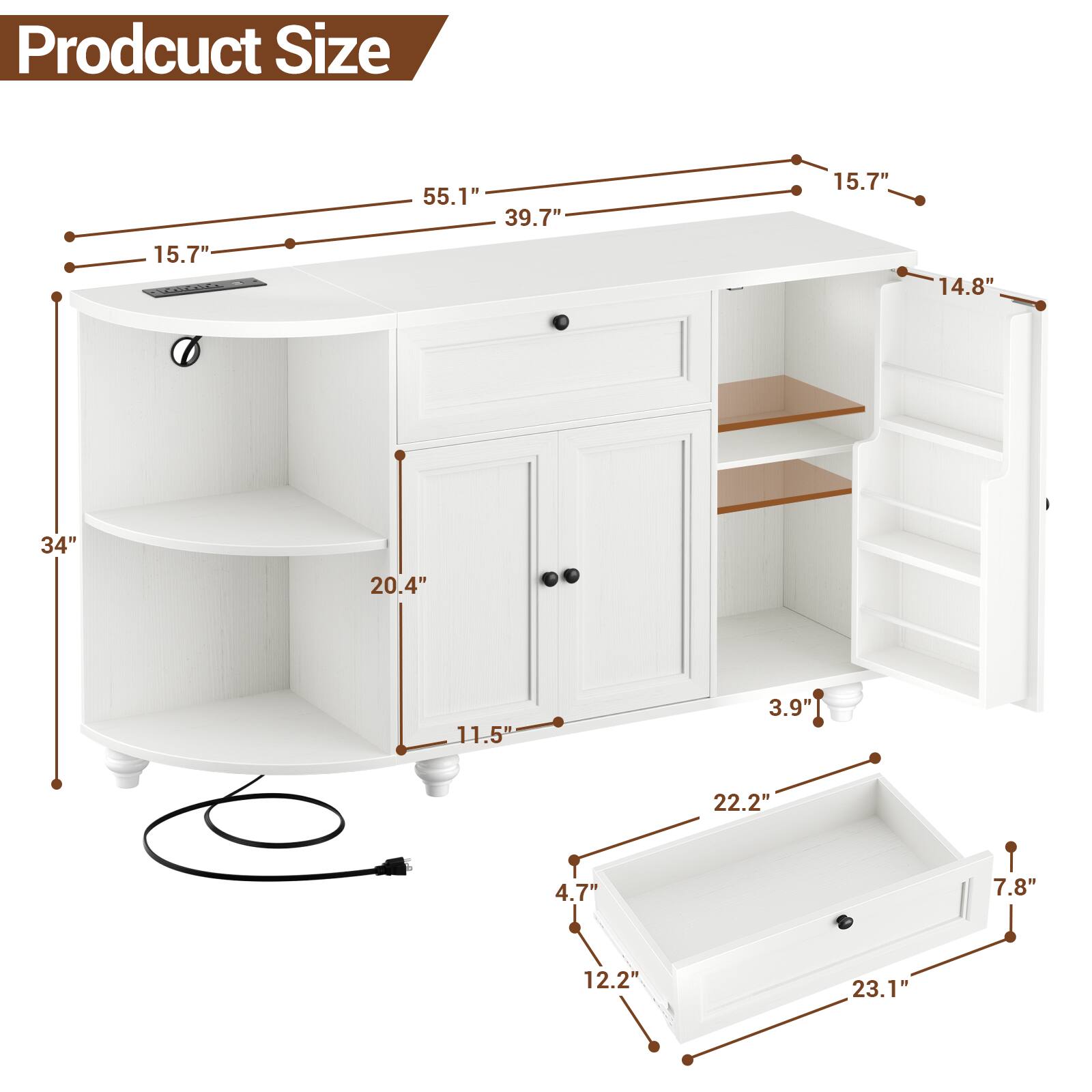 Product Size

- 15.7"
- 55.1"
- 39.7"
- 15.7"
- 14.8"
- 34"
- 20.4"
- 11.5"
- 3.9"
- 22.2"
- 4.7"
- 7.8"
- 12.2"
- 23.1"