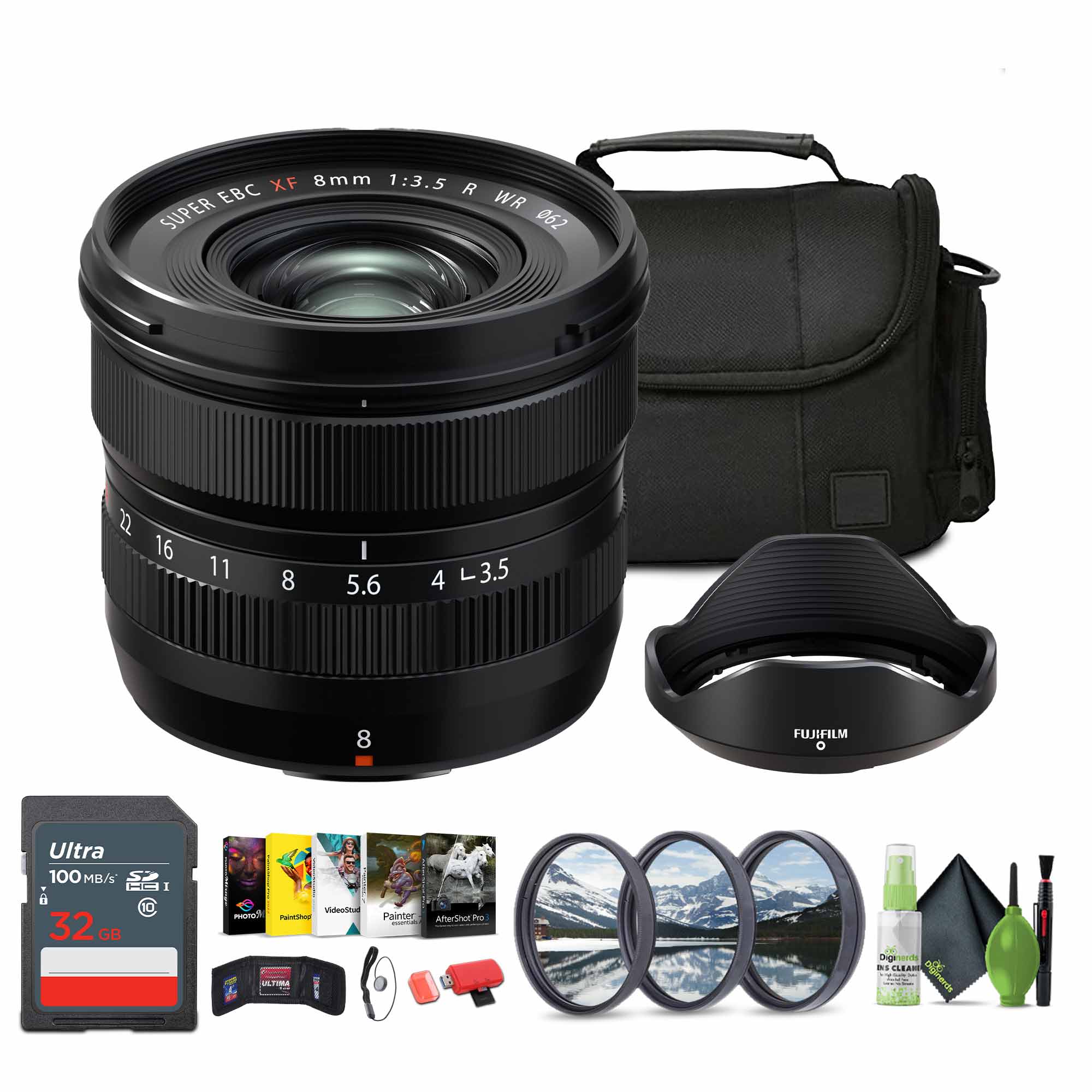 Fujifilm - XF 8mm f/3.5 R WR Lens, 32GB Memory Card ,Bundle - Black