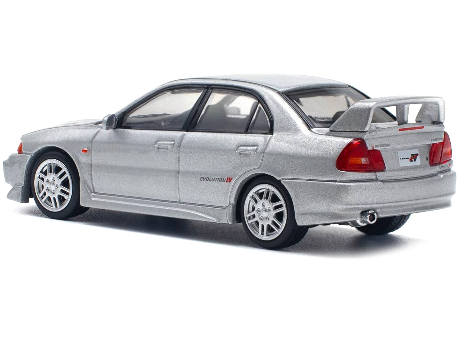 Left. Pop Race - Mitsubishi Lancer Evolution IV RHD (Right Hand Drive) Steel Silver Metallic 1/64 Diecast Model Car by Pop Race - Silver Metallic.