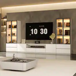 MSOOB - 126" Entertainment Center for TV Up To 85'', Living Room Cabinet Set Includes TV Stand and Two Glass Display Cabinet - White