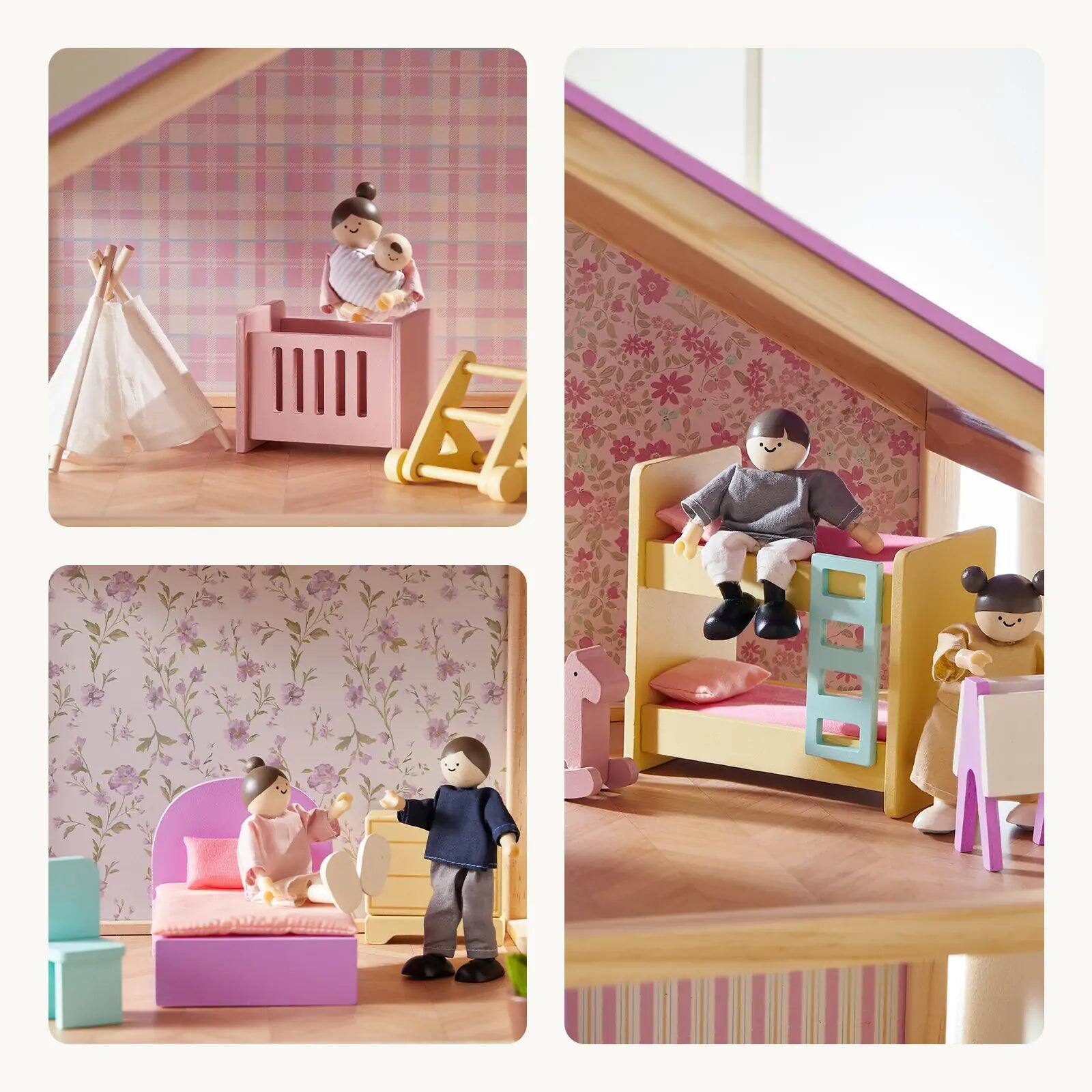 Alt View 3. Tiny Land - 3-Story Wooden Dollhouse with 31 Furniture Pieces, Dollhouse Dolls & Baby Stroller, Pretend Play Toy for Kids - Unicorn Purple.