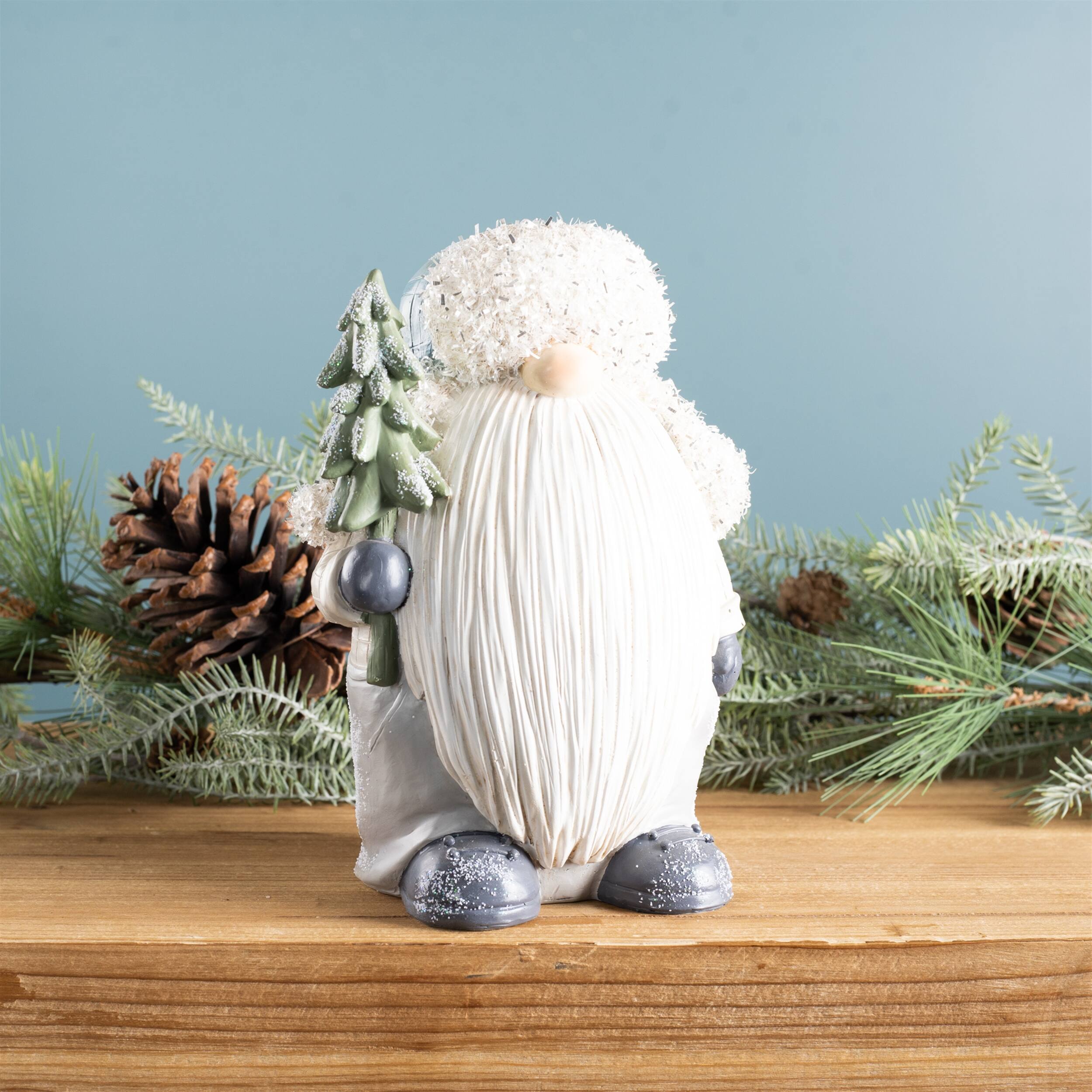 Angle. BreeBe - Gnome with Pine Tree Figurine (Set of 2) - Blue.