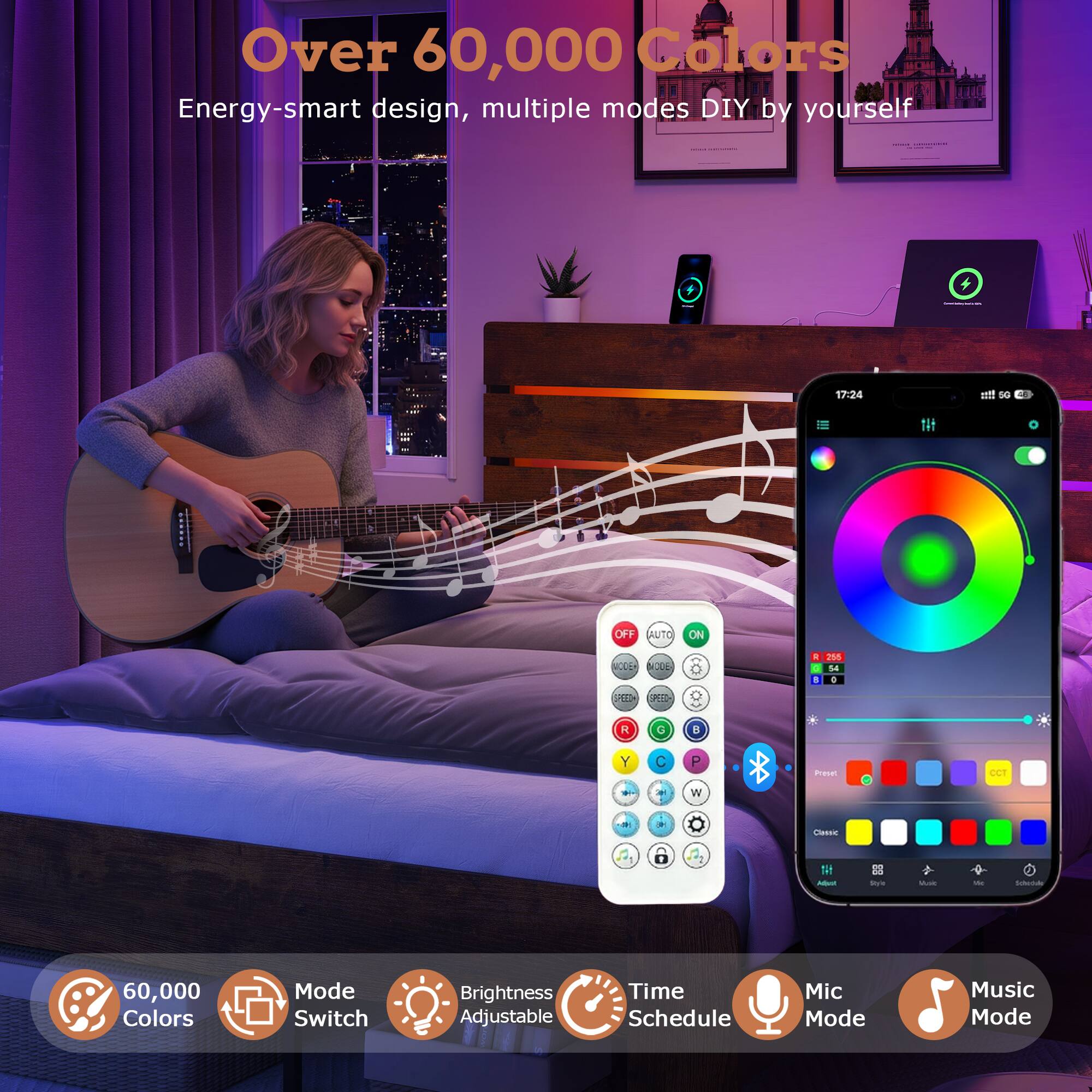 Over 60,000 Colors  
Energy-smart design, multiple modes DIY by yourself  

60,000 Colors  
Mode Switch  
Brightness Adjustable  
Time Schedule  
Mic Mode  
Music Mode