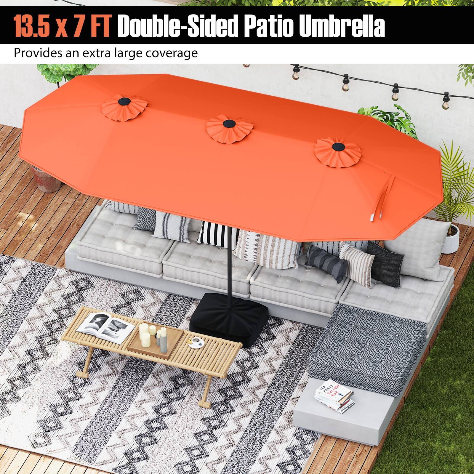 13.5 x 7 FT Double-Sided Patio Umbrella Provides an extra large coverage