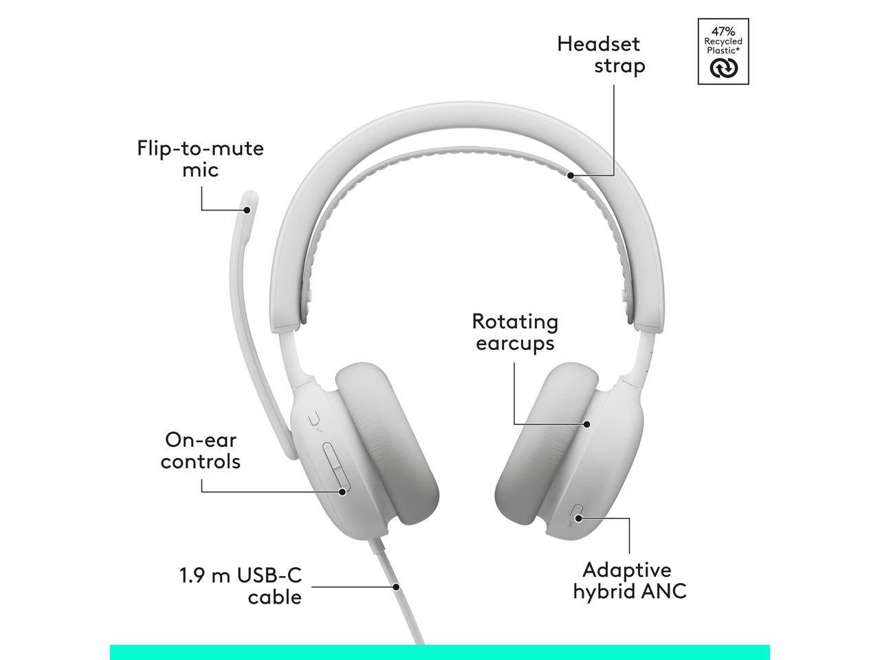 Headset strap  
47% Recycled Plastic  
Flip-to-mute mic  
Rotating earcups  
On-ear controls  
1.9 m USB-C cable  
Adaptive hybrid ANC