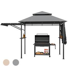 Gymax - 13.5' x 4' Patio BBQ Grill Gazebo Side Awnings Shelves 2-Tier Canopy Outdoor - Gray