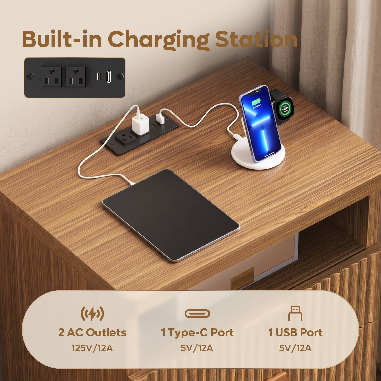 Built-in Charging Station

100ml

2 AC Outlets 125V/12A

1 Type-C Port 5V/12A

1 USB Port 5V/12A