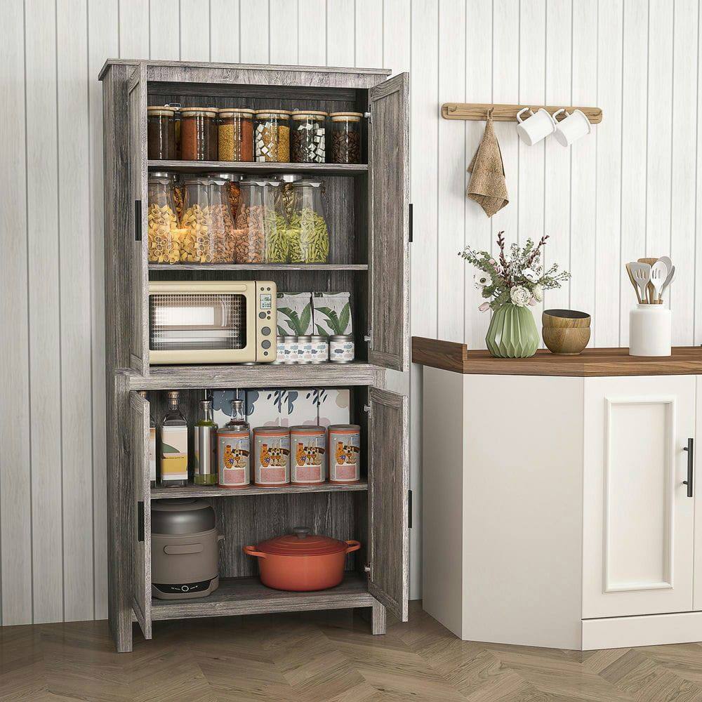 Front. Kadyn - 64-Inch Freestanding Pantry with 4 Doors and 3 Adjustable Shelves, Gray Oak - Gray.