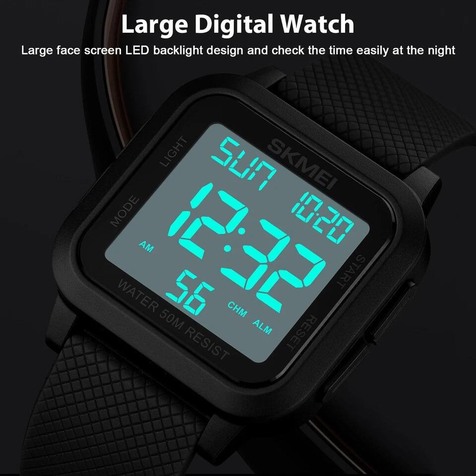 Large Digital Watch

Large face screen LED backlight design and check the time easily at the night

SKMEI

12:32

56

WATER 50M RESIST

LIGHT

MODE

ALM

RESET