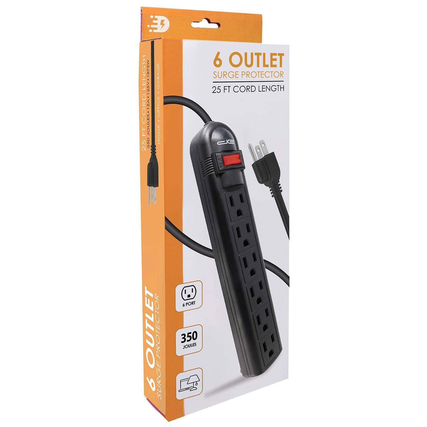 6 Outlet Surge Protector  
25 FT Cord Length  
350 Joules  
6 Port  
25 FT Cord Length  
Home & Office Use  
UL Listed  
15A 125V