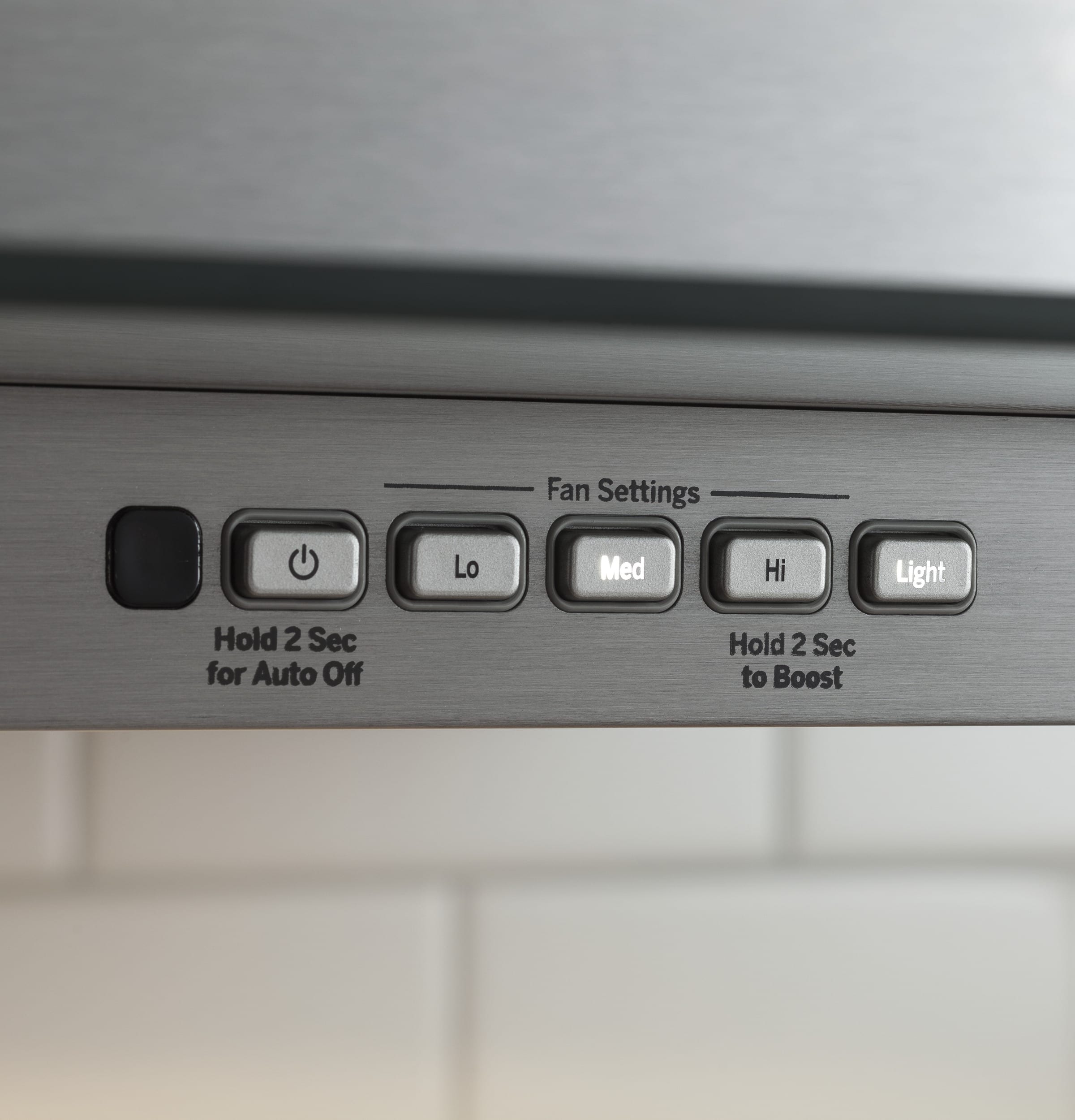 The text on the image says "Fan Settings Lo Med Hi Light Hold 2 Sec for Auto Off Hold 2 Sec to Boost."