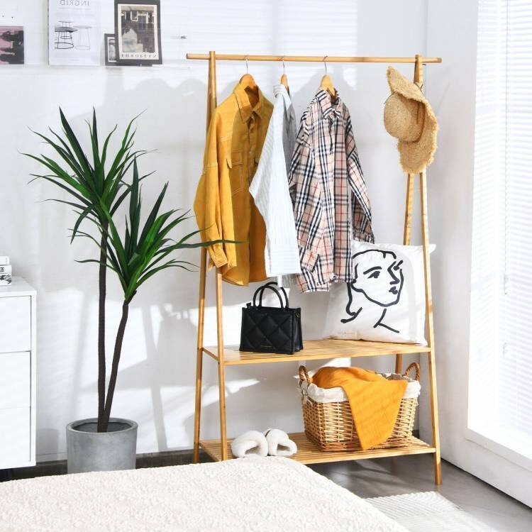 Angle. Hivvago - Entryway Bedroom Wood Garment Clothes Hanging Rack with 2 Bottom Storage Shelves - Natural.