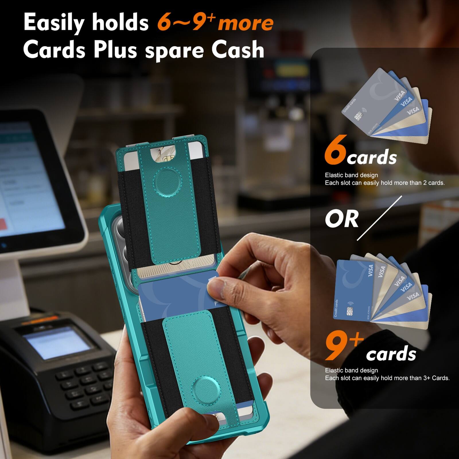 Easily holds 6~9+ more Cards Plus spare Cash

6 cards
Elastic band design
Each slot can easily hold more than 2 cards.

OR

9+ cards
Elastic band design
Each slot can easily hold more than 3+ Cards.