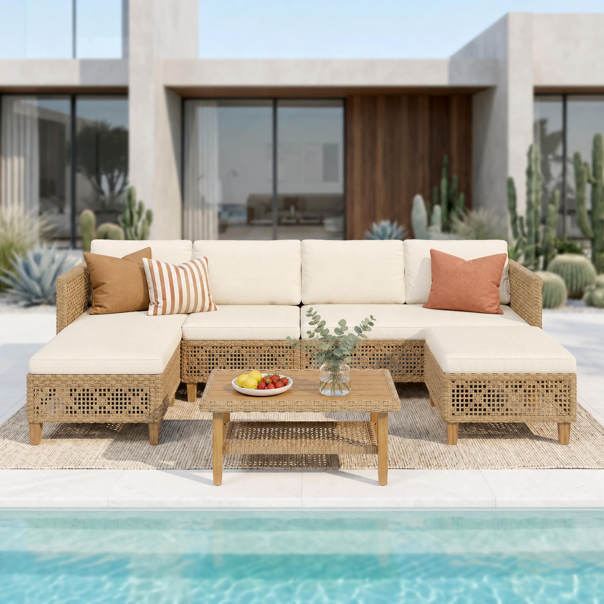 SUMMIT LIVING - 5 Pieces Wicker Patio Furniture Conversation Set Boho Style Outdoor Sofa with Wood Coffee Table - Beige