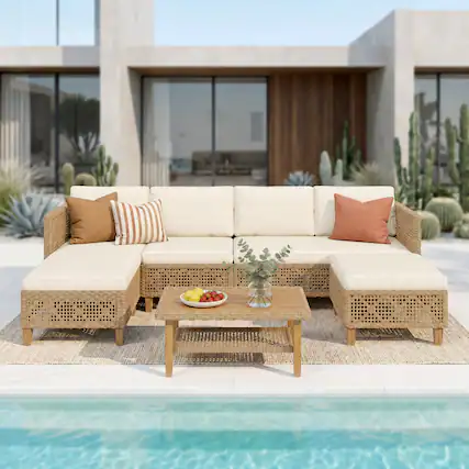 Front. SUMMIT LIVING - 5 Pieces Wicker Patio Furniture Conversation Set Boho Style Outdoor Sofa with Wood Coffee Table - Beige.