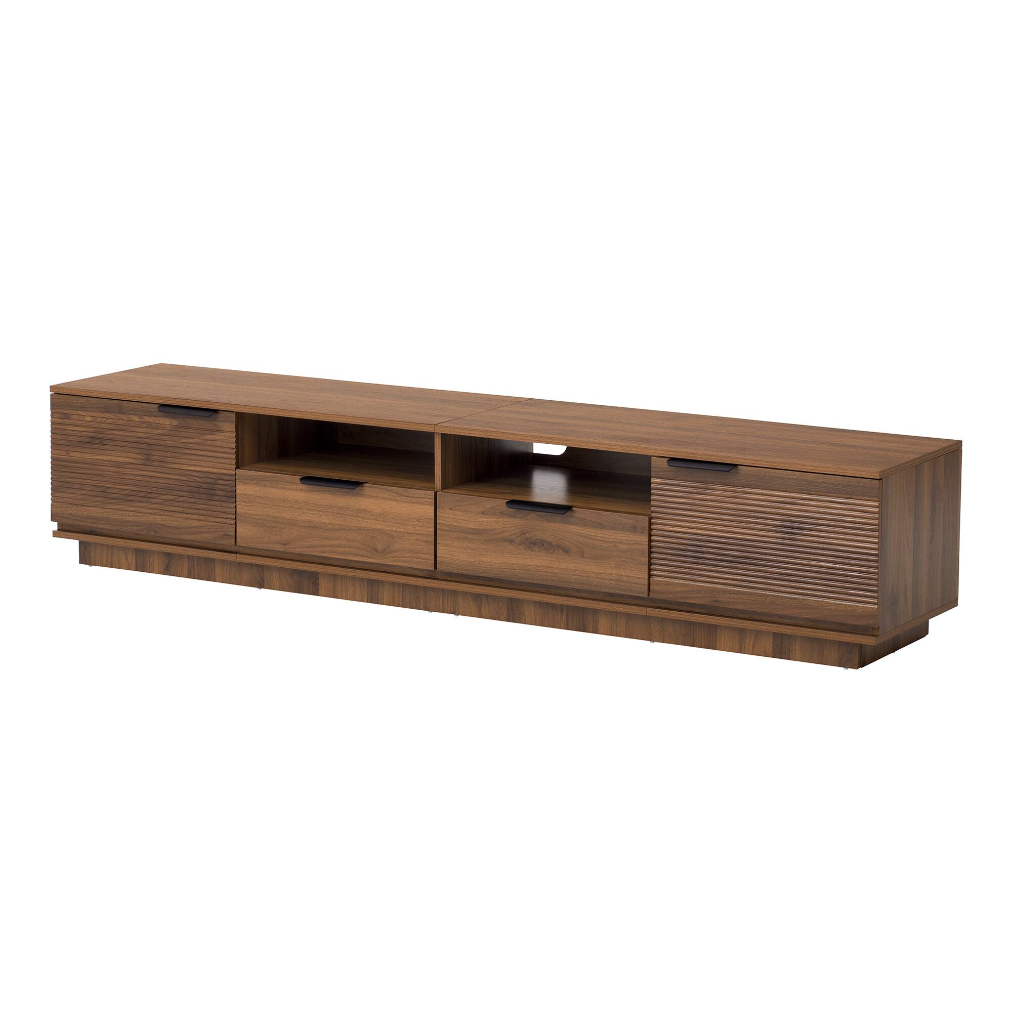 Alt View 5. MERAVOM - Mid-Century Modern Fluted TV Stand for TVs Up to 85", Entertainment Center with Storage Cabinets, 2 Drawers,Open Shelves - Walnut.
