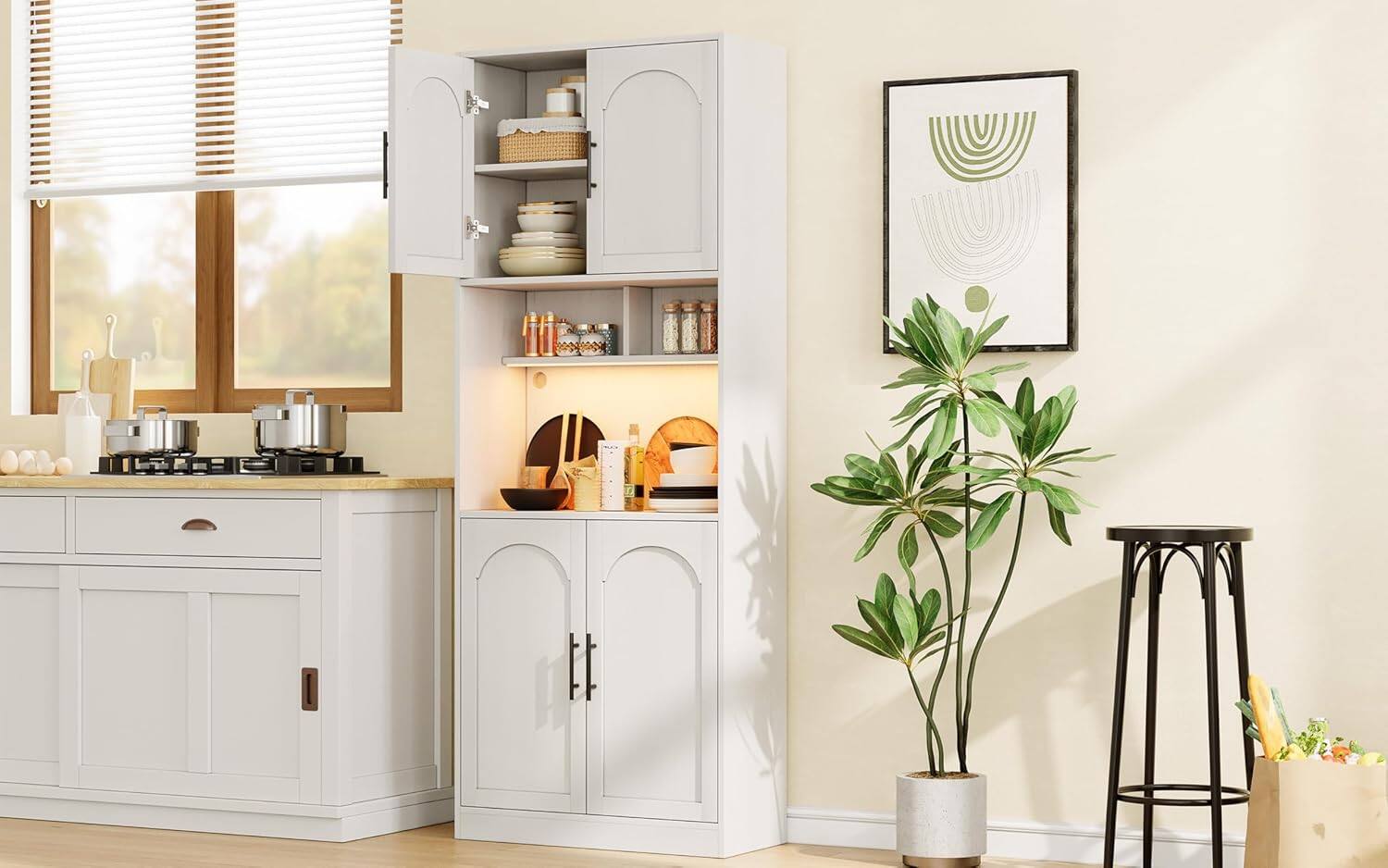 Alt View 1. Homhougo - Kitchen Pantry Cabinet with LED Light, Microwave Stand, Barn Doors, 2 Shelves, White - White.