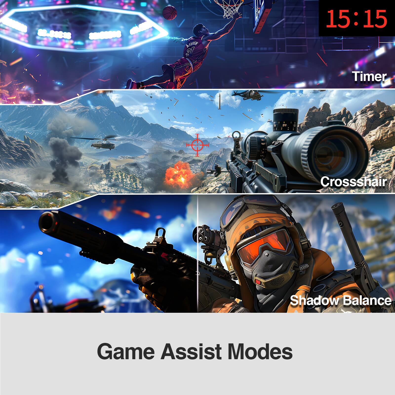 SS - hp 27  
15:15 Timer  
Crosshair  
Shadow Balance  
Game Assist Modes