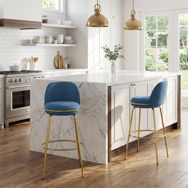 HTUTWOO - Set of 2 Gold Metal Upholstered Barstools, 300lbs Capacity Low-Back Counter Stools for Kitchen Island, Home Bar - Blue