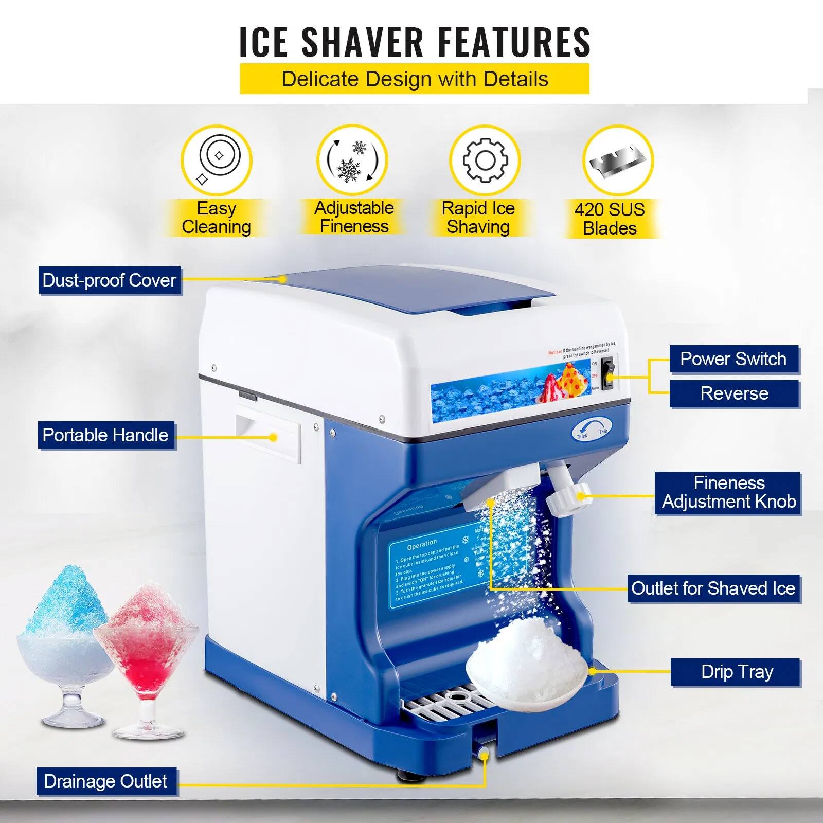 ICE SHAVER FEATURES  
Delicate Design with Details  
Easy Cleaning  
Adjustable Fineness  
Rapid Ice Shaving  
420 SUS Blades  
Dust-proof Cover  
Power Switch  
Reverse  
Portable Handle  
Fineness Adjustment Knob  
Outlet for Shaved Ice  
Drip Tray  
Drainage Outlet