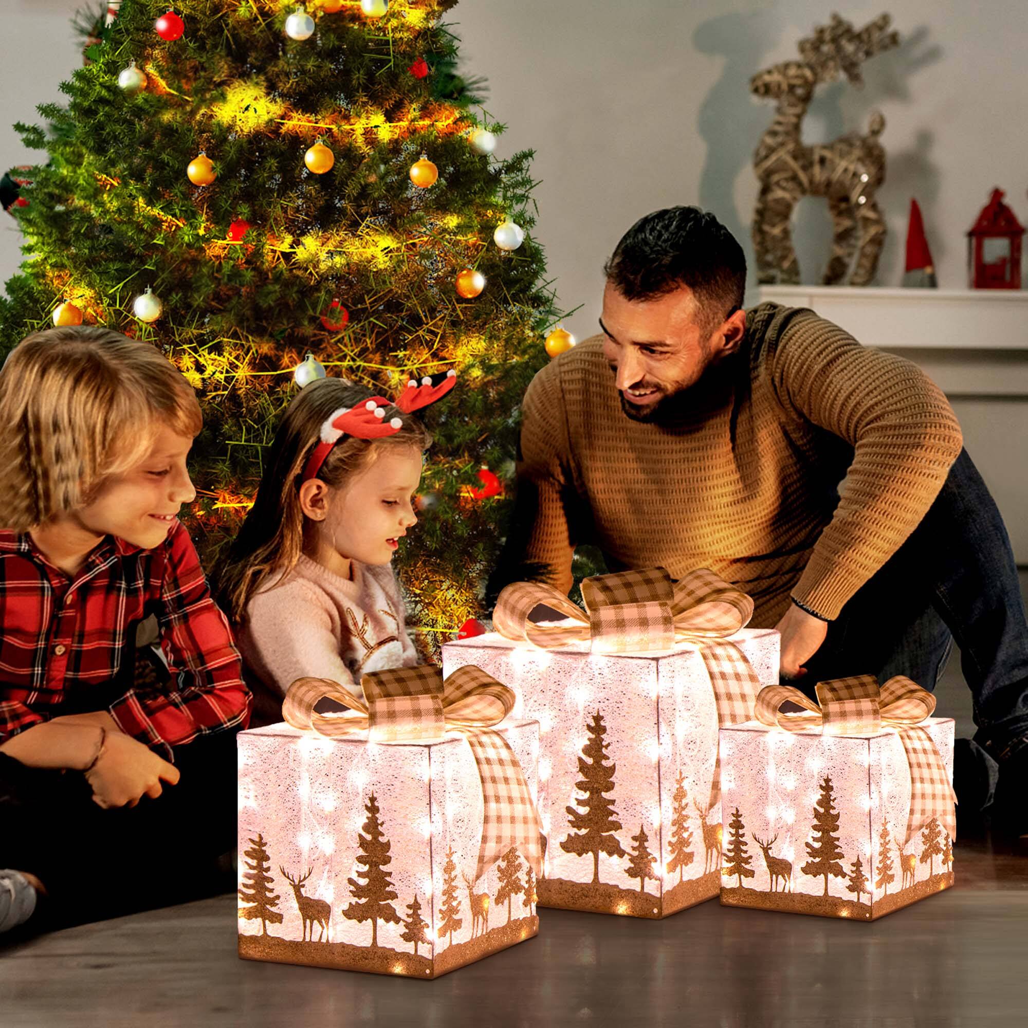 Alt View 3. Costway - Set of 3 Pre-Lit Christmas Gift Boxes Lighted Present Decoration with 100 Lights - Gold/White.
