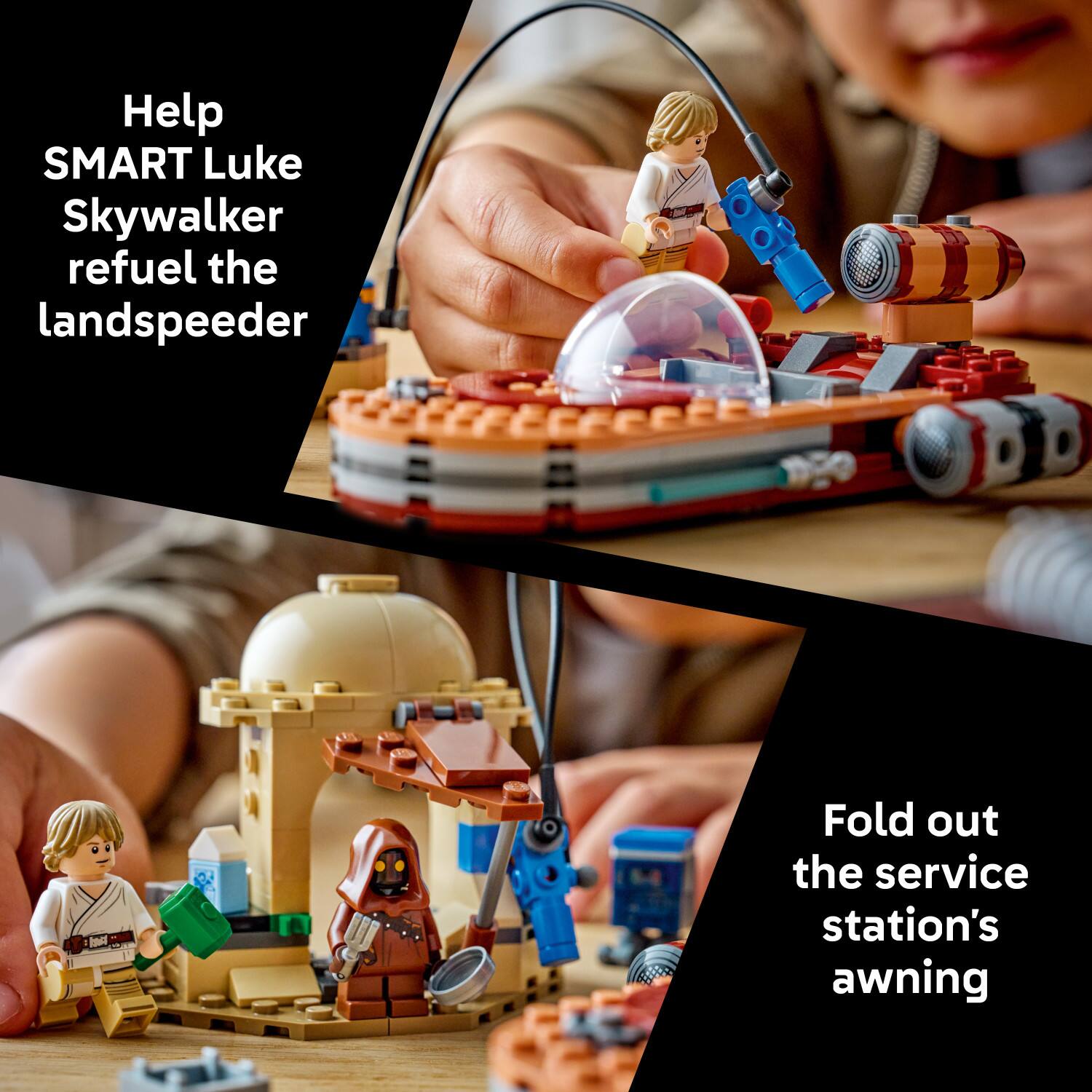 Help SMART Luke Skywalker refuel the landspeeder

Fold out the service station's awning