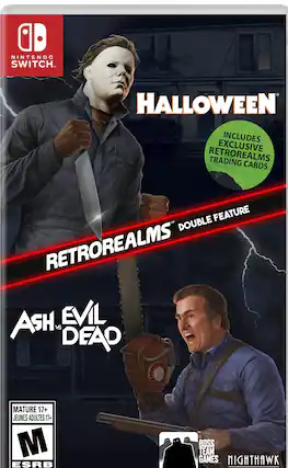 The image features a video game called Halloween, which is available on the Nintendo Switch console. The game includes exclusive RetroRealm trading cards, featuring a double RetroRealm between Ash from Evil Dead and Dead from Ash vs. Evil Dead. The game is rated M for Mature, indicating that it is intended for players 17 years or older. The image also shows a man holding a knife, which is a part of the game's content. - M (Mature 17+)