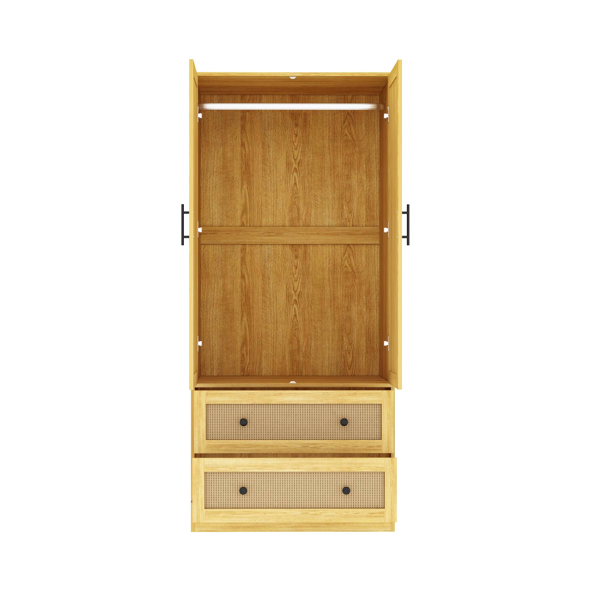Alt View 9. Famapy - Rattan & Wood Grain Double Door Wardrobe – Natural Style Closet with Hanging Rods, Drawers & Silent Rails - Wooden.