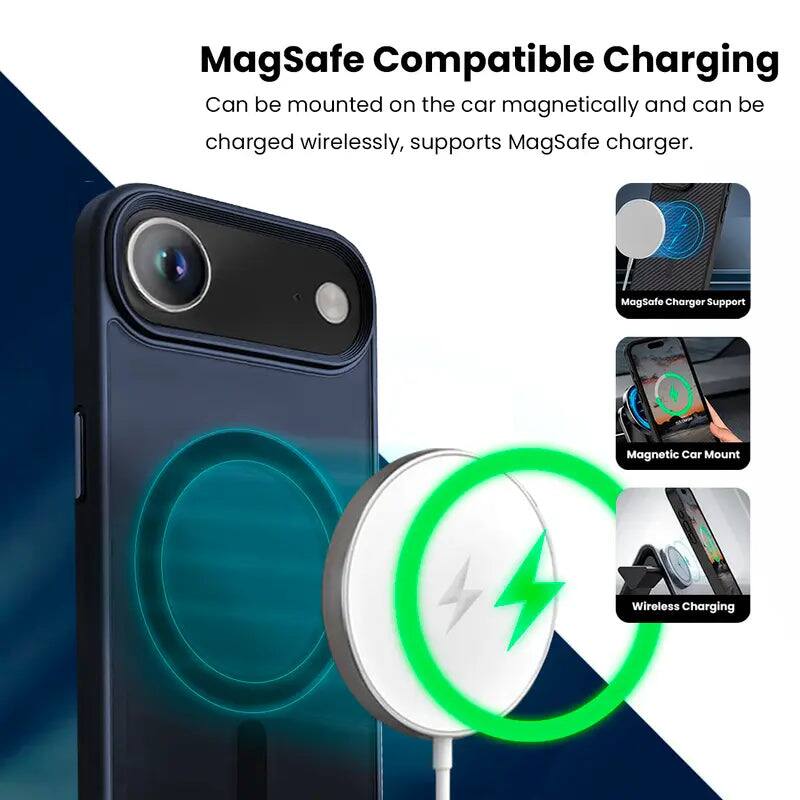 MagSafe Compatible Charging  
Can be mounted on the car magnetically and can be charged wirelessly, supports MagSafe charger.  

MagSafe Charger Support  
Magnetic Car Mount  
Wireless Charging