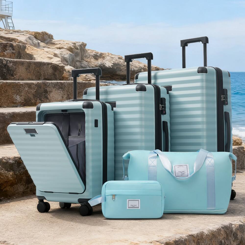 Alt View 1. Ecooso - 5-Piece Expandable ABS Spinner Luggage Set with TSA Lock, USB Port Carry-On, Cup Holder, Duffel, and Toiletry Bag - Light Blue.