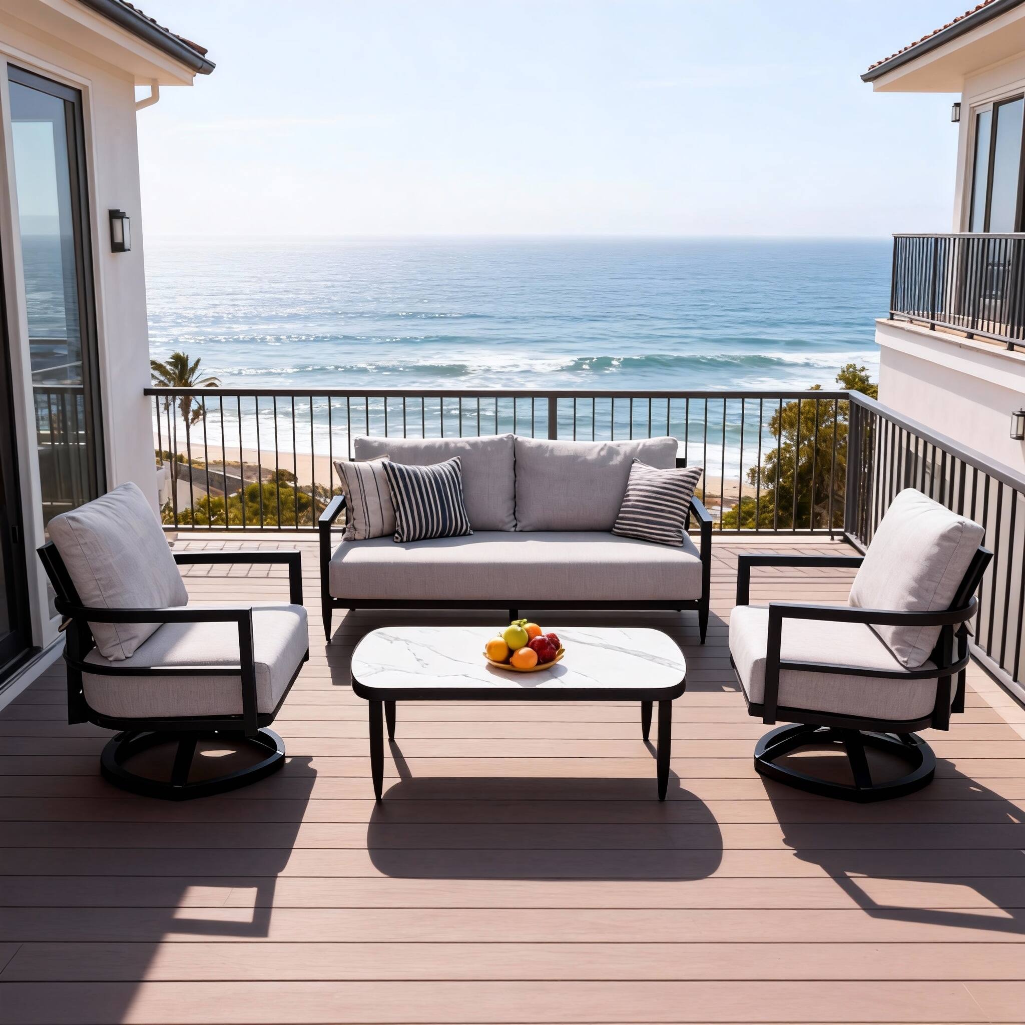 Angle. Mondawe - 4-Piece Outdoor Conversation Set with Swivel Chair, Bench Sofa, Marble-Inspired Table and Sunbrella Cushions - Ember Black+Grey.