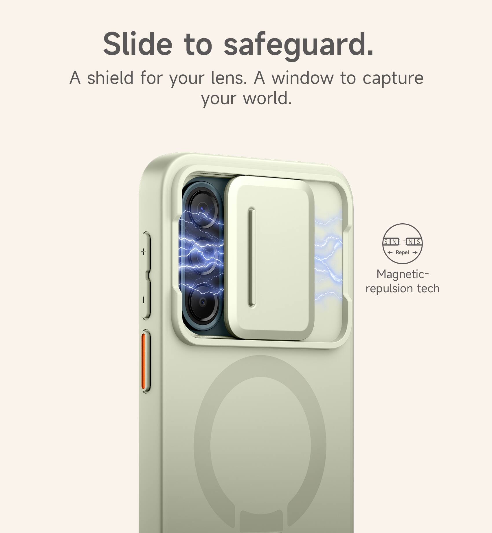 Slide to safeguard.  
A shield for your lens. A window to capture your world.  
S N N N S - Repel - Magnetic repulsion tech