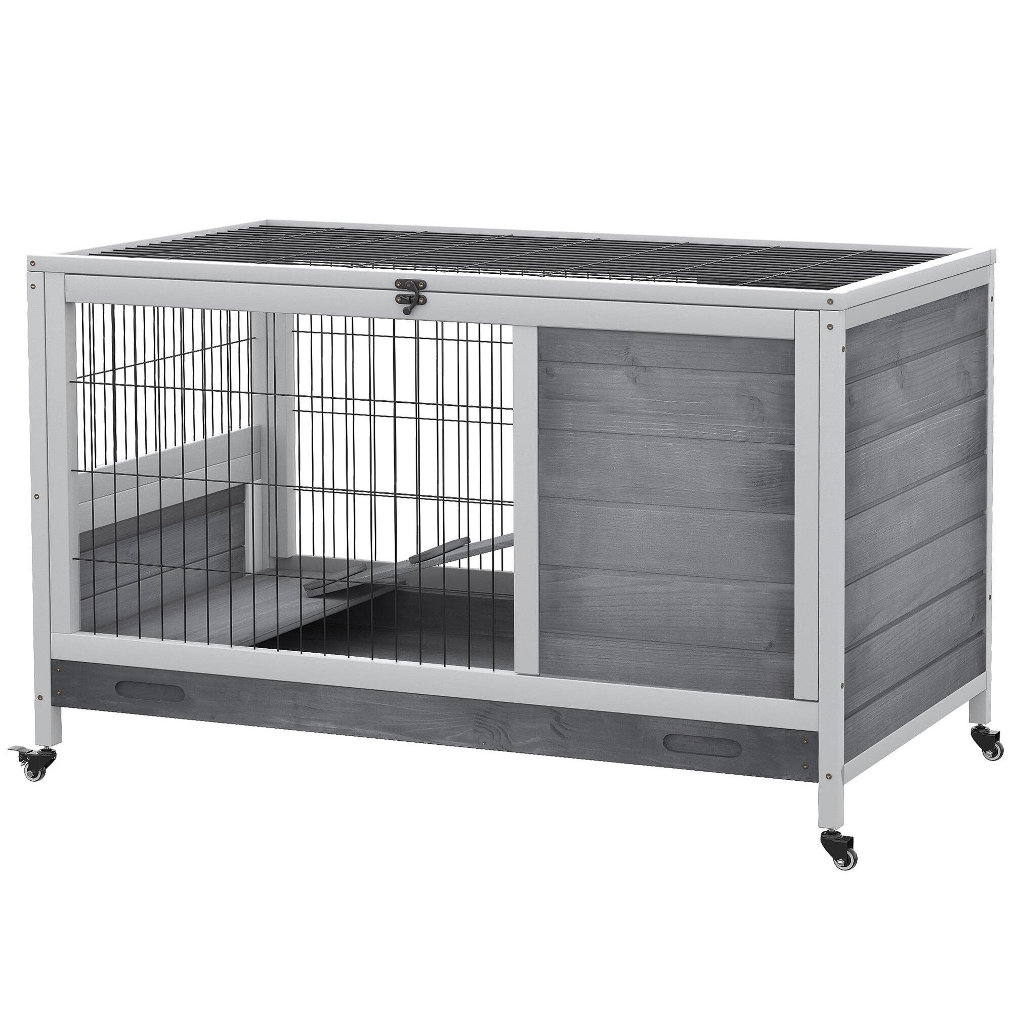 Front. Pawhut - Wooden Indoor Rabbit Hutch Elevated Cage Habitat with Enclosed Run with Wheels - Ideal for Rabbits and Guinea.