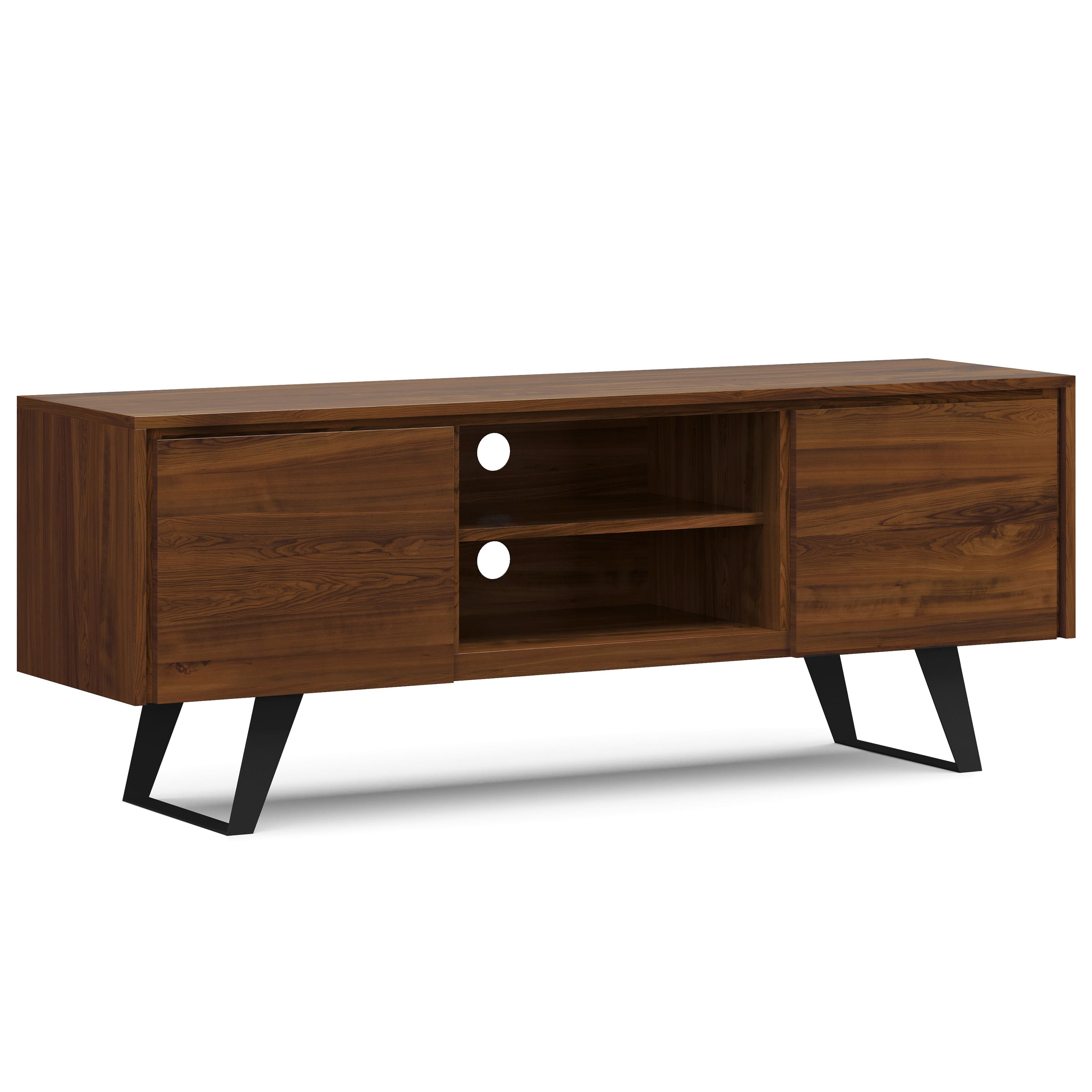 Front. Simpli Home - Lowry 63 inch Wide Modern Industrial TV Media Stand in Walnut For TVs up to 70 inches - Walnut.