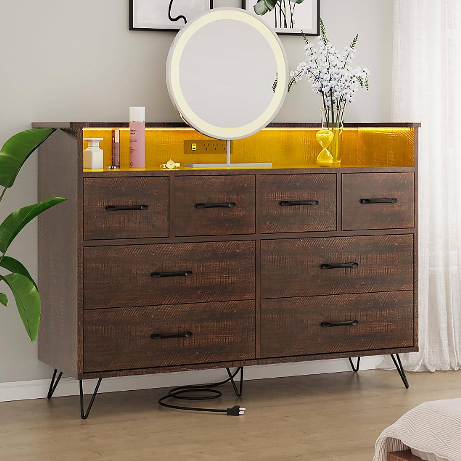 Back. GARVEE - 8 Drawer Modern Dresser, Wide Chest with Storage Drawers for Bedroom, Gaming Setup or Makeup Vanity - Antique Dark Color.