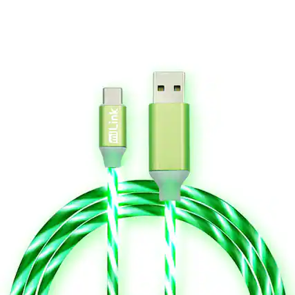 Front. miLink - 1-Pack 2M/6.6FT Glowing Light Streamer Type-C to USB-A Charging & Data Cable (green).