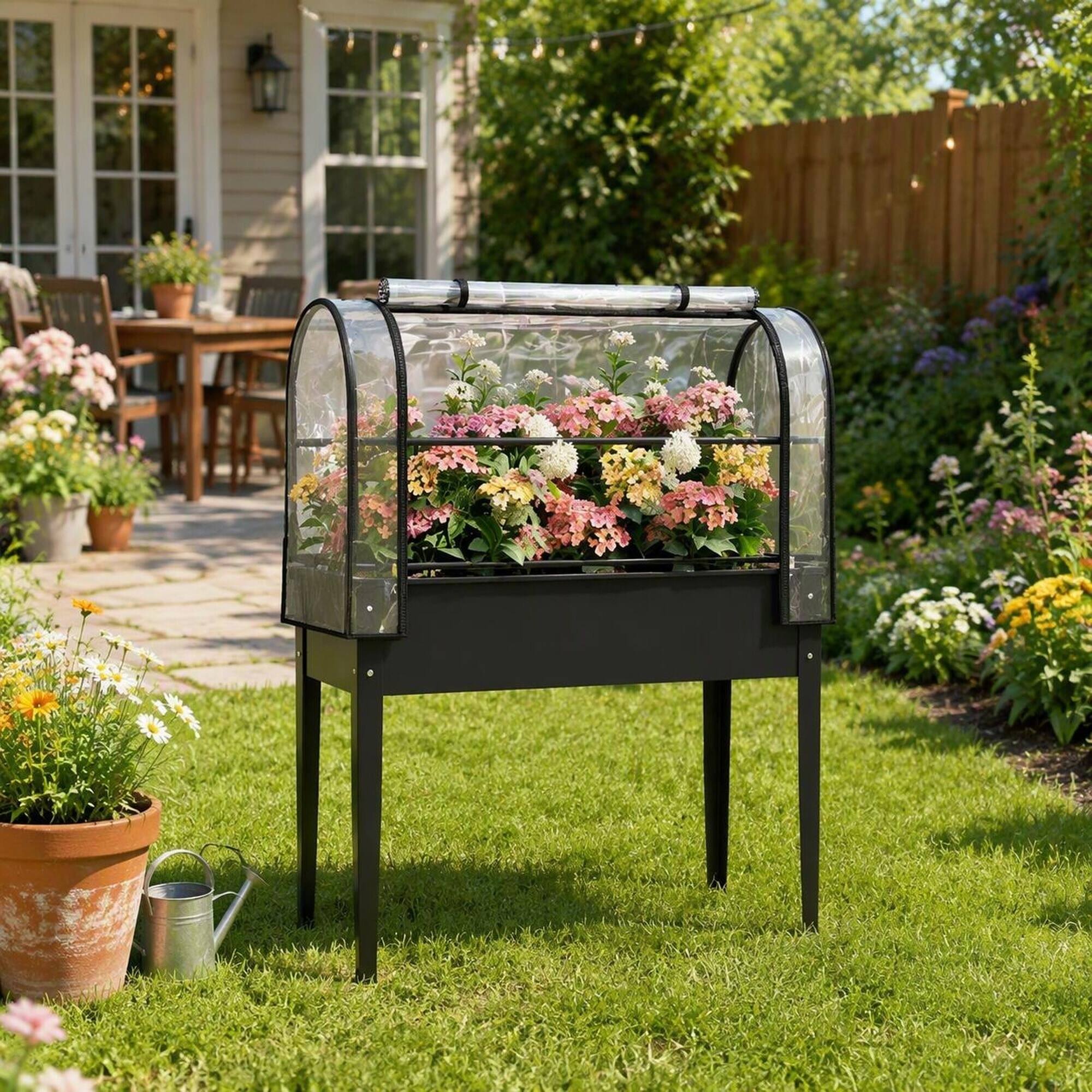 Alt View 2. RYHNUYNE - Raised Garden Bed with Mini Greenhouse Cover, 39.4x19.3x53.5 Inch Elevated Planter Box on Legs, 26 Gallon Metal - Black.
