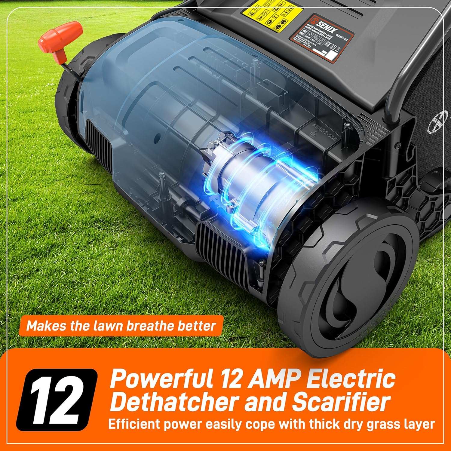 SENIX 12A - Makes the lawn breathe better  
Powerful 12 AMP Electric Dethatcher and Scarifier  
Efficient power easily cope with thick dry grass layer