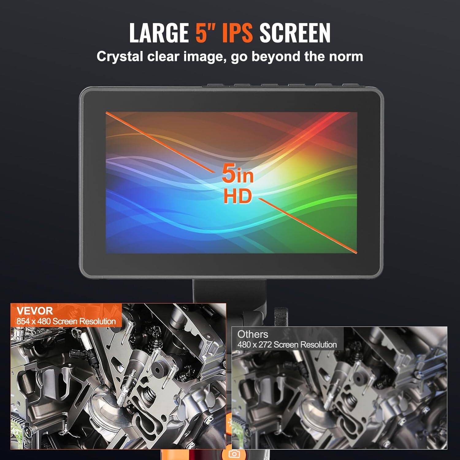 LARGE 5" IPS SCREEN  
Crystal clear image, go beyond the norm  

5in HD  

VEVOR  
854 x 480 Screen Resolution  

Others  
480 x 272 Screen Resolution
