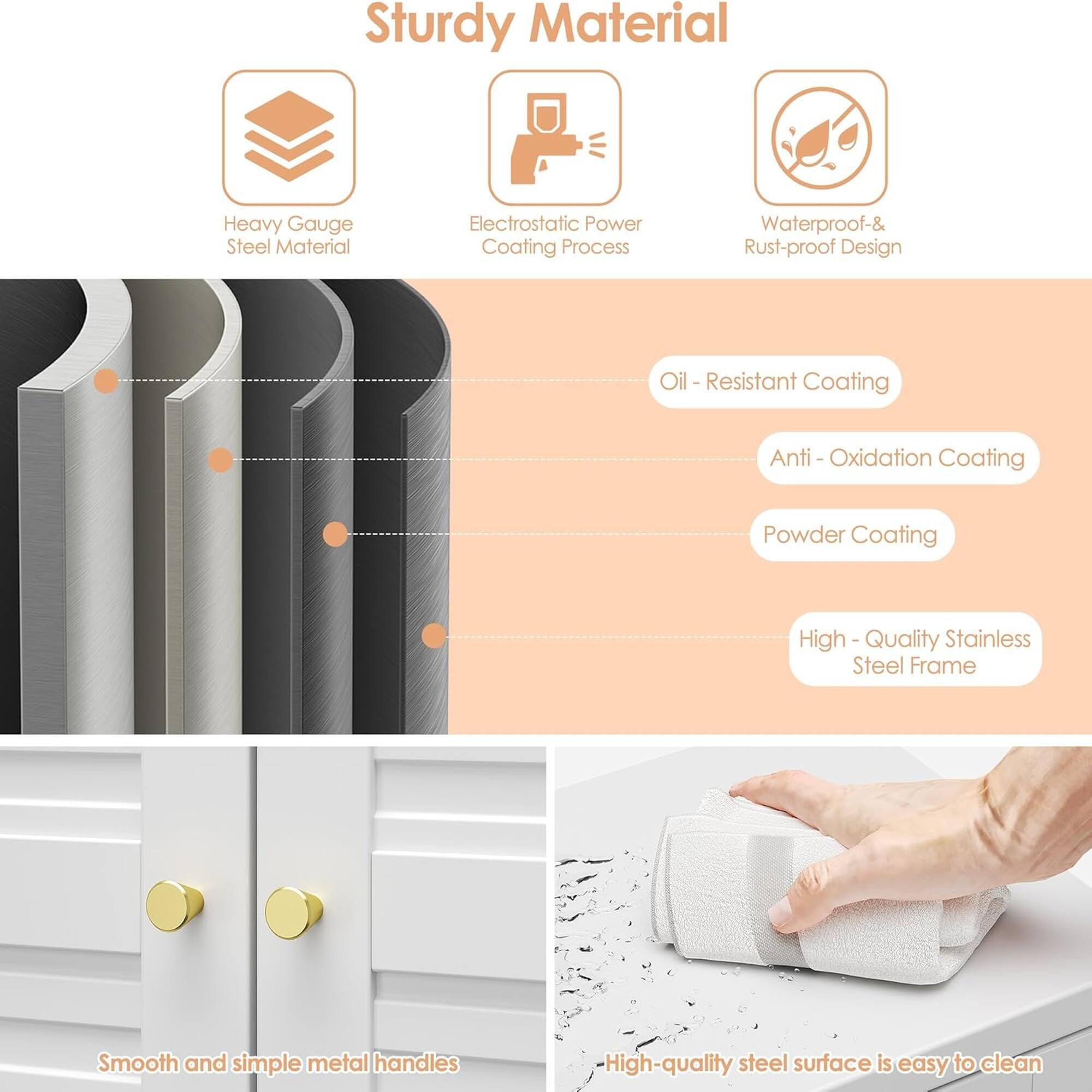 Sturdy Material

Heavy Gauge Steel Material
Electrostatic Power Coating Process
Waterproof & Rust-proof Design

Oil-Resistant Coating
Anti-Oxidation Coating
Powder Coating

High-Quality Stainless Steel Frame

Smooth and simple metal handles

High-quality steel surface is easy to clean